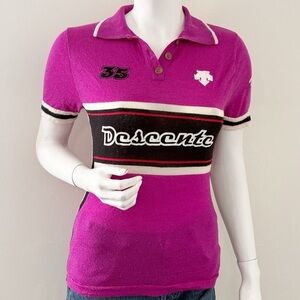 Vintage Descente Pink Merino Wool Polo Style Sweater Number 35 Osaka Logo Print